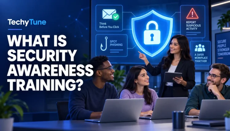 Employees participating in workplace security awareness training with phishing and data-protection symbols.